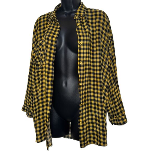 Small Boohoo Oversized Gingham Black Yellow Plaid Long Sleeve Button‎ Down Shirt - Picture 2 of 4